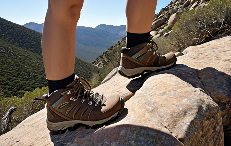 **
A person hiking on a rocky trail, focusing on their feet inside hiking boots. The image should highlight the arch support provided by functional insoles, emphasizing balance and stability. Include a visual representation of shock absorption, possibly with radiating lines emanating from the insole upon impact with a rock. The overall tone should be adventurous and active.
**