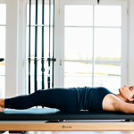 A professional, healthy-looking woman in modest, comfortable athletic wear, demonstrating a precise and controlled Pilates exercise on a modern reformer machine within a brightly lit, serene Pilates studio. Her posture is upright and graceful, emphasizing perfect spinal alignment and core engagement. The studio features clean lines and a peaceful atmosphere. Professional photography, high-resolution, natural light, soft focus. Safe for work, appropriate content, fully clothed, professional, perfect anatomy, correct proportions, natural pose, well-formed hands, proper finger count, natural body proportions, appropriate attire.