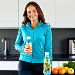Healthy Lifestyle & Exercise**

A woman in workout clothes, fully clothed, smiling and holding a water bottle in a bright, modern kitchen filled with healthy food like fruits and vegetables, safe for work, appropriate content, modest clothing, perfect anatomy, correct proportions, well-formed hands, natural pose, family-friendly.

**