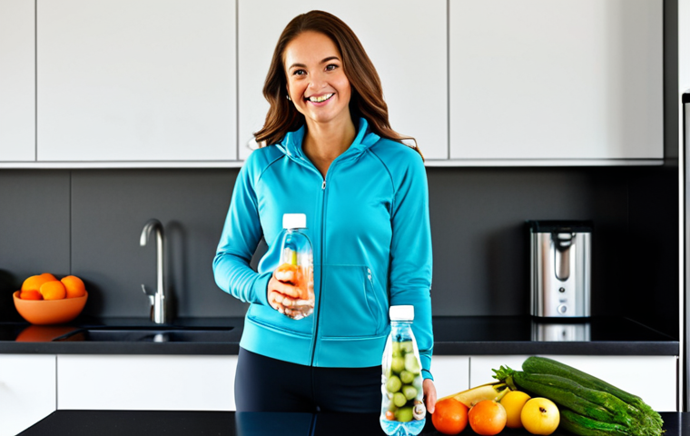 Healthy Lifestyle & Exercise**
A woman in workout clothes, fully clothed, smiling and holding a water bottle in a bright, modern kitchen filled with healthy food like fruits and vegetables, safe for work, appropriate content, modest clothing, perfect anatomy, correct proportions, well-formed hands, natural pose, family-friendly.
**