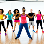 **

A vibrant and energetic group of diverse adults participating in a Zumba class in a brightly lit studio, fully clothed in comfortable workout attire, appropriate content, safe for work, perfect anatomy, natural proportions, demonstrating various dance moves with smiles, professional photography, high quality, family-friendly.

**